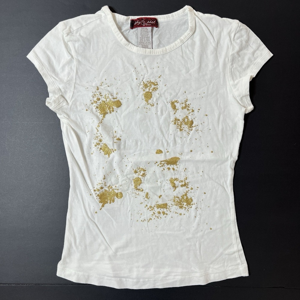 Vintage Baby Phat Graphic Tshirt Women's L White Gold Accents Y2K Designer Fairy